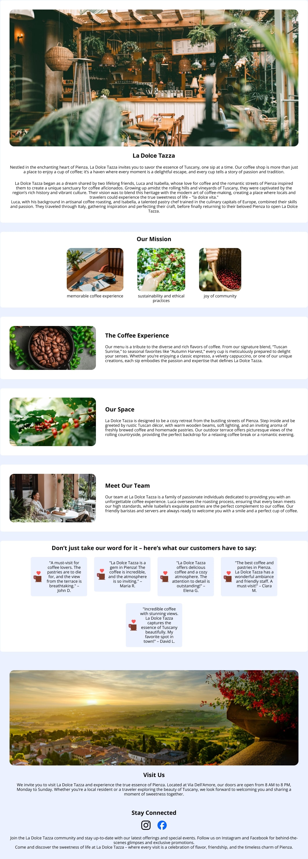 Design an about page for a coffee shop in Pienza, Italy