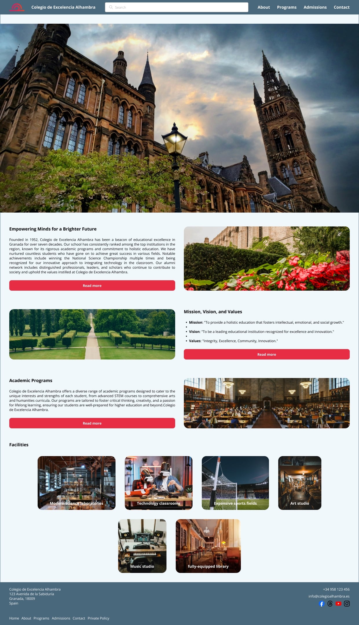 Design a homepage for a private high school in Granada, Spain